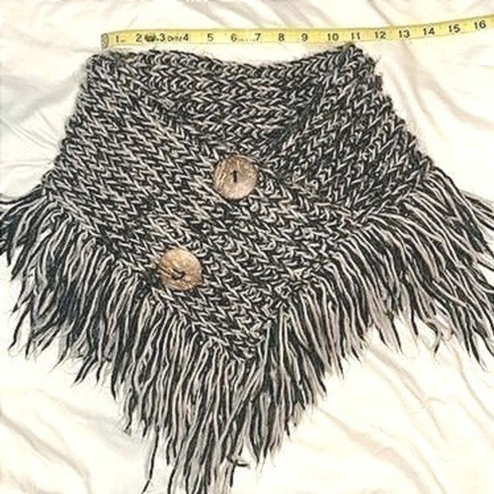 Boho Knit Fringe Poncho Shawl Button Wrap Cozy Chunky Scarf Cape Neutral